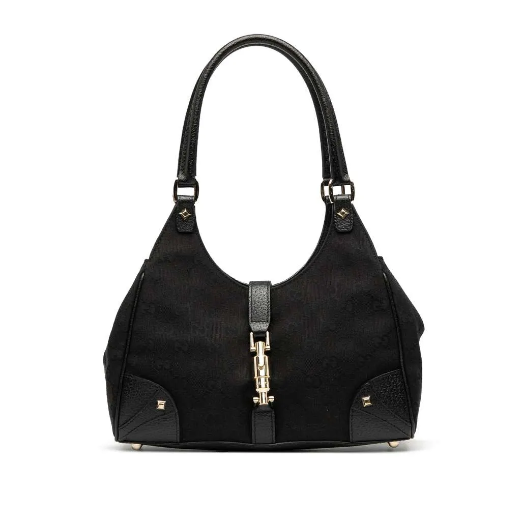 Gucci GG Canvas Nailhead Jackie Bardot Shoulder Bag Black Canvas Good - Front View