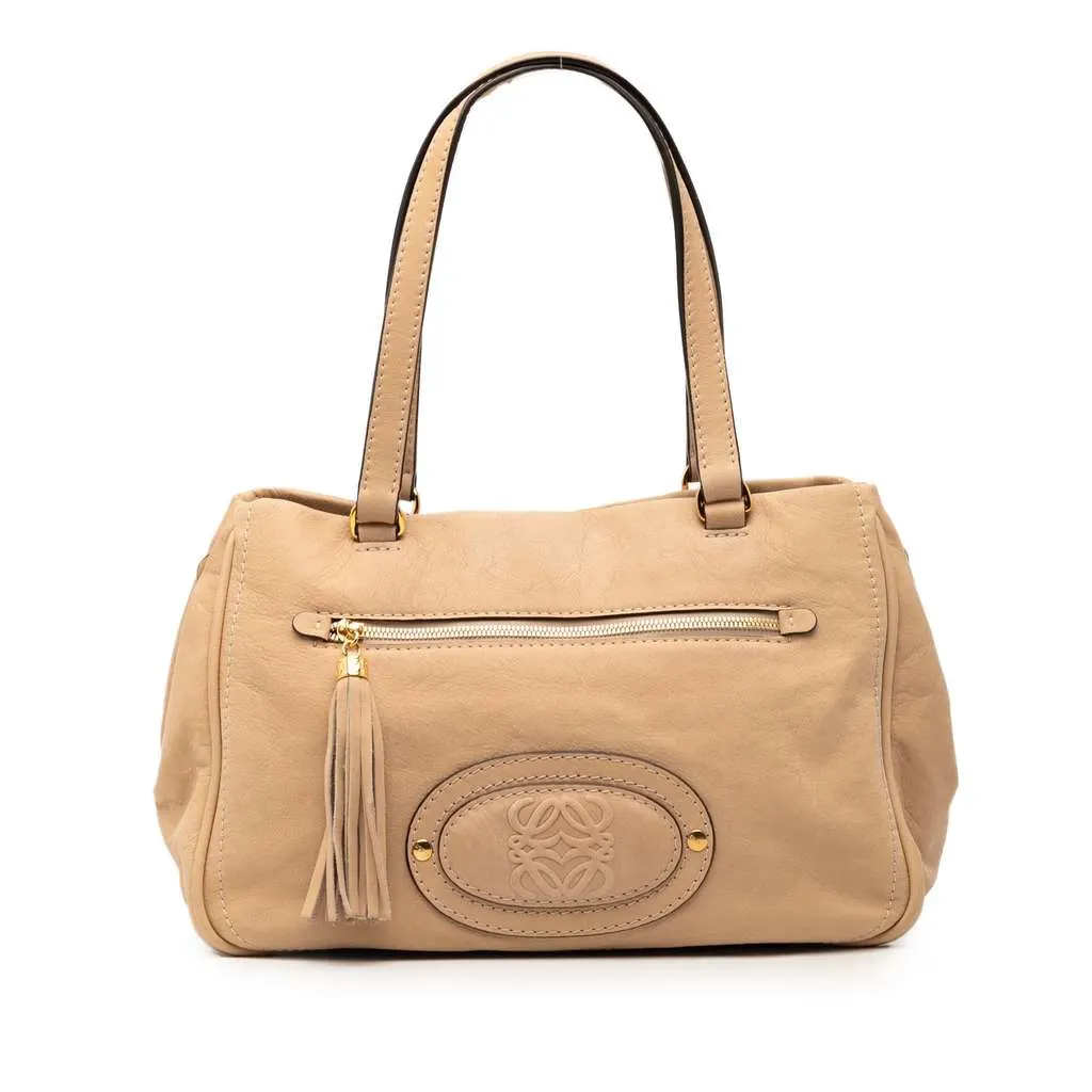 Loewe Nubuck Anagram Madrid Fringe Shoulder Bag Brown Leather Good - Front View