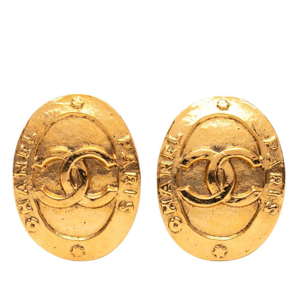 Chanel Gold Plated CC Oval Clip on Earrings