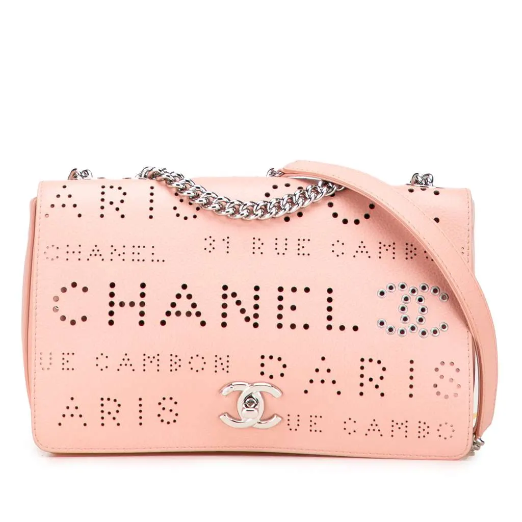 Chanel Perforated Calfskin Logo Eyelet Flap Bag Pink Leather Good - Front View