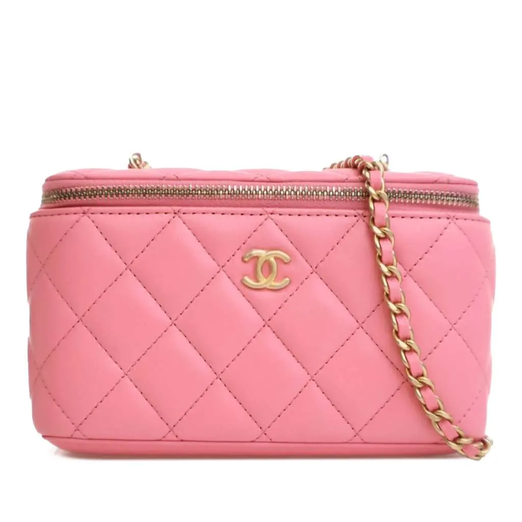Chanel Small Quilted Lambskin Pearl Crush Vanity Case with Chain Pink Leather Good - Front View