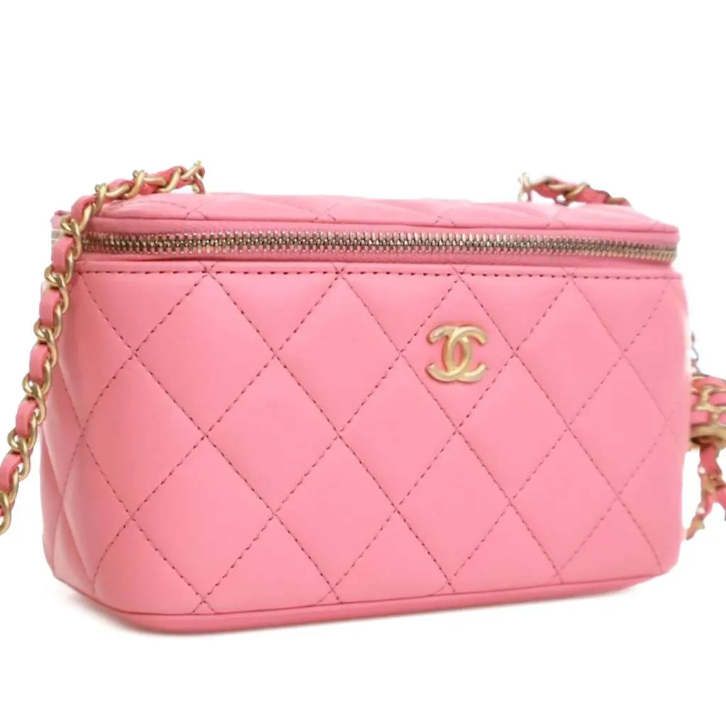 Chanel Small Quilted Lambskin Pearl Crush Vanity Case with Chain Pink Leather Good - Back View