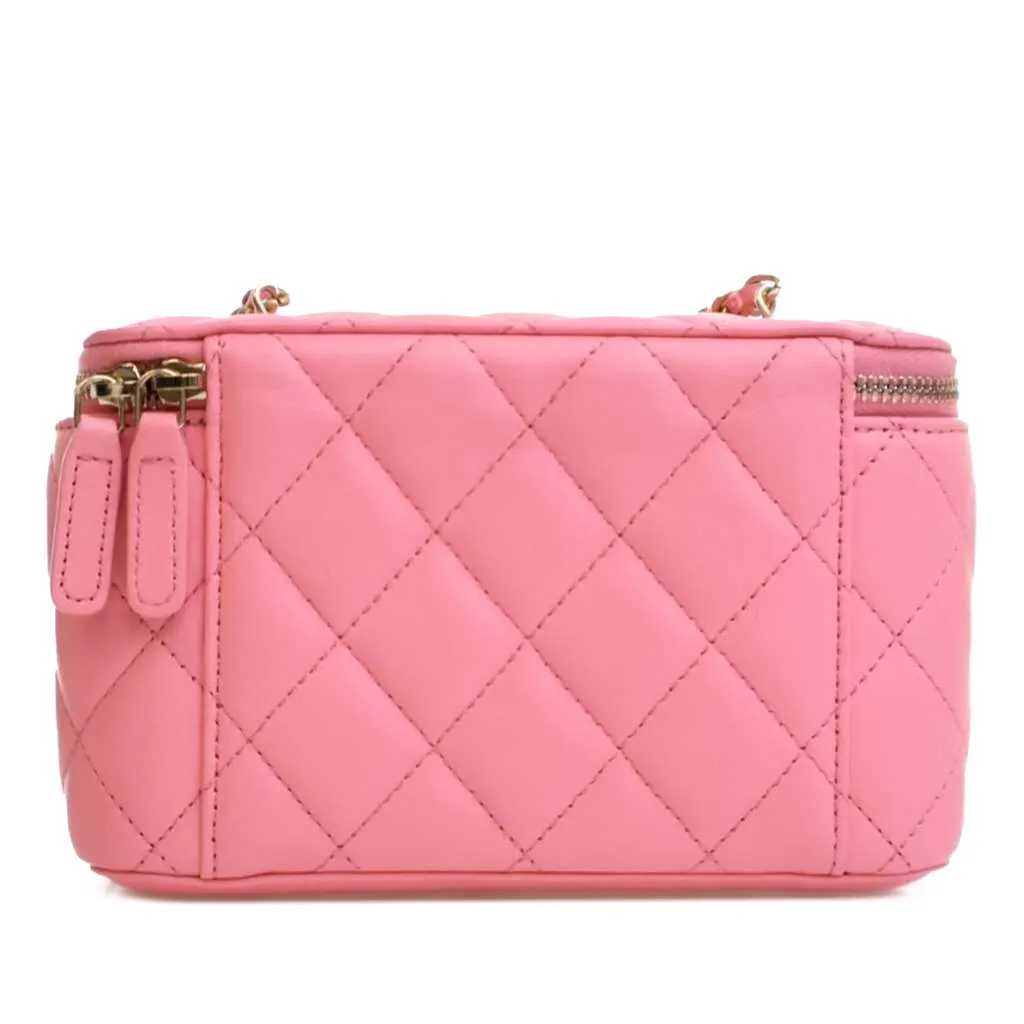 Chanel Small Quilted Lambskin Pearl Crush Vanity Case with Chain Pink Leather Good - Inside View