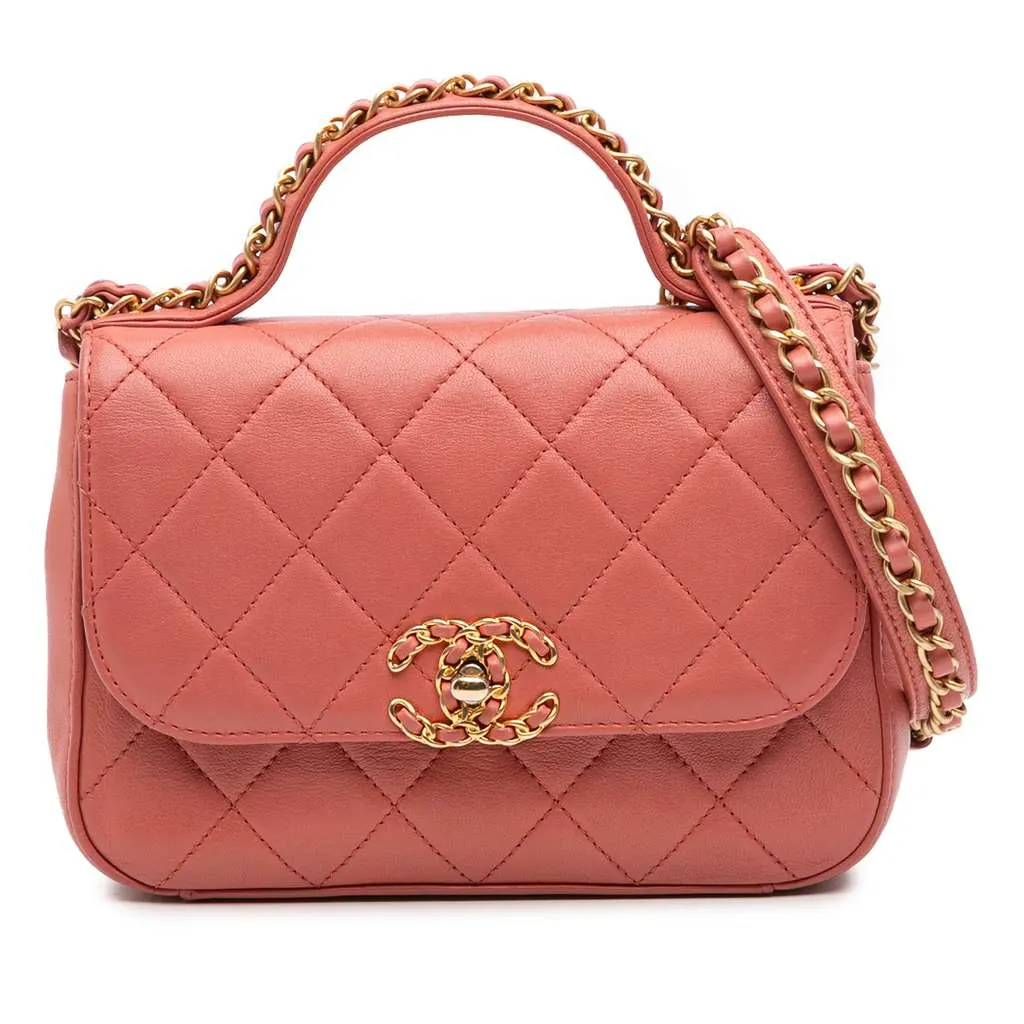 Chanel Quilted Lambskin Chain Infinity Top Handle Bag Pink Leather Very good - Front View