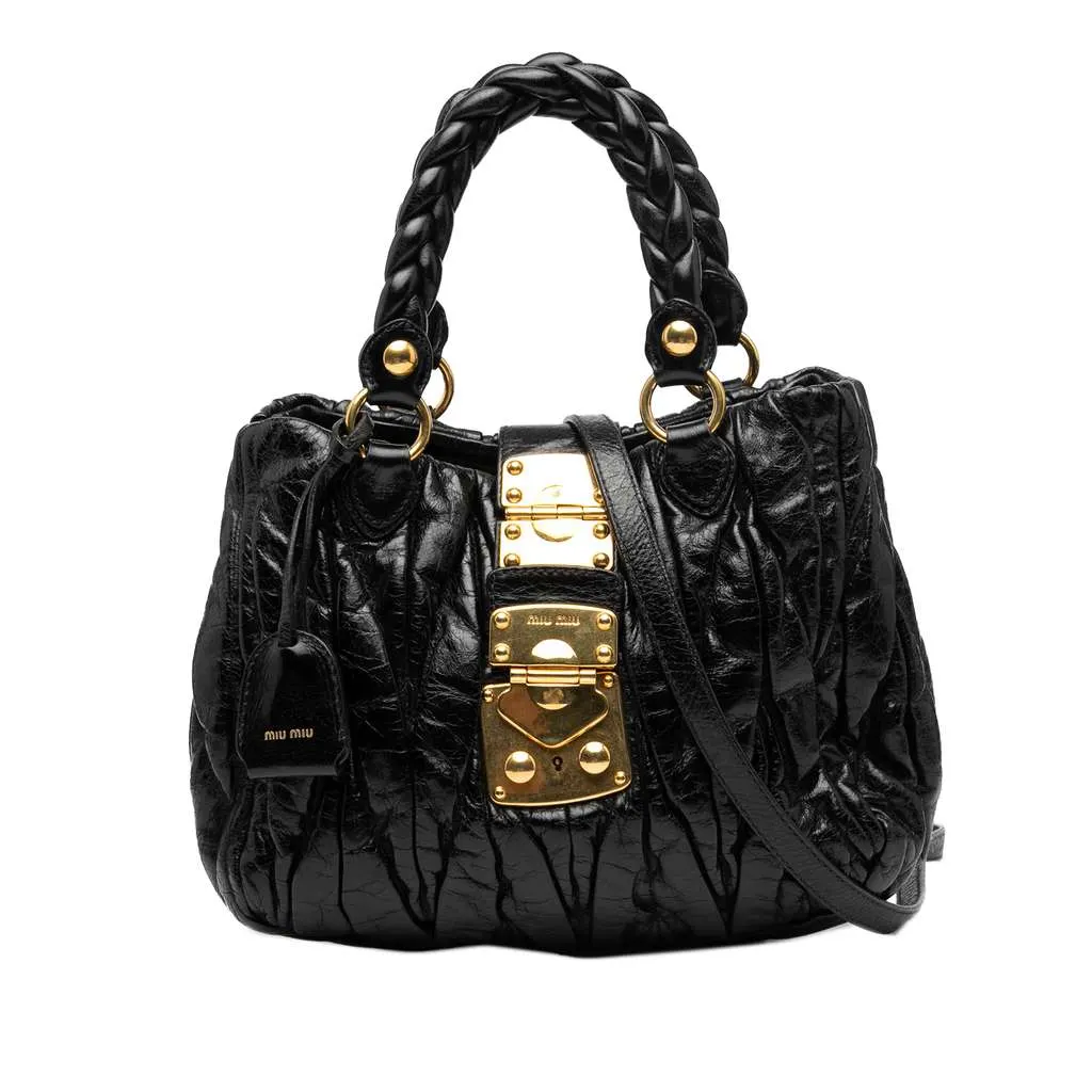 Miu Miu Matelasse Lux Lambskin Bauletto Aperto Satchel Black Leather Good - Front View