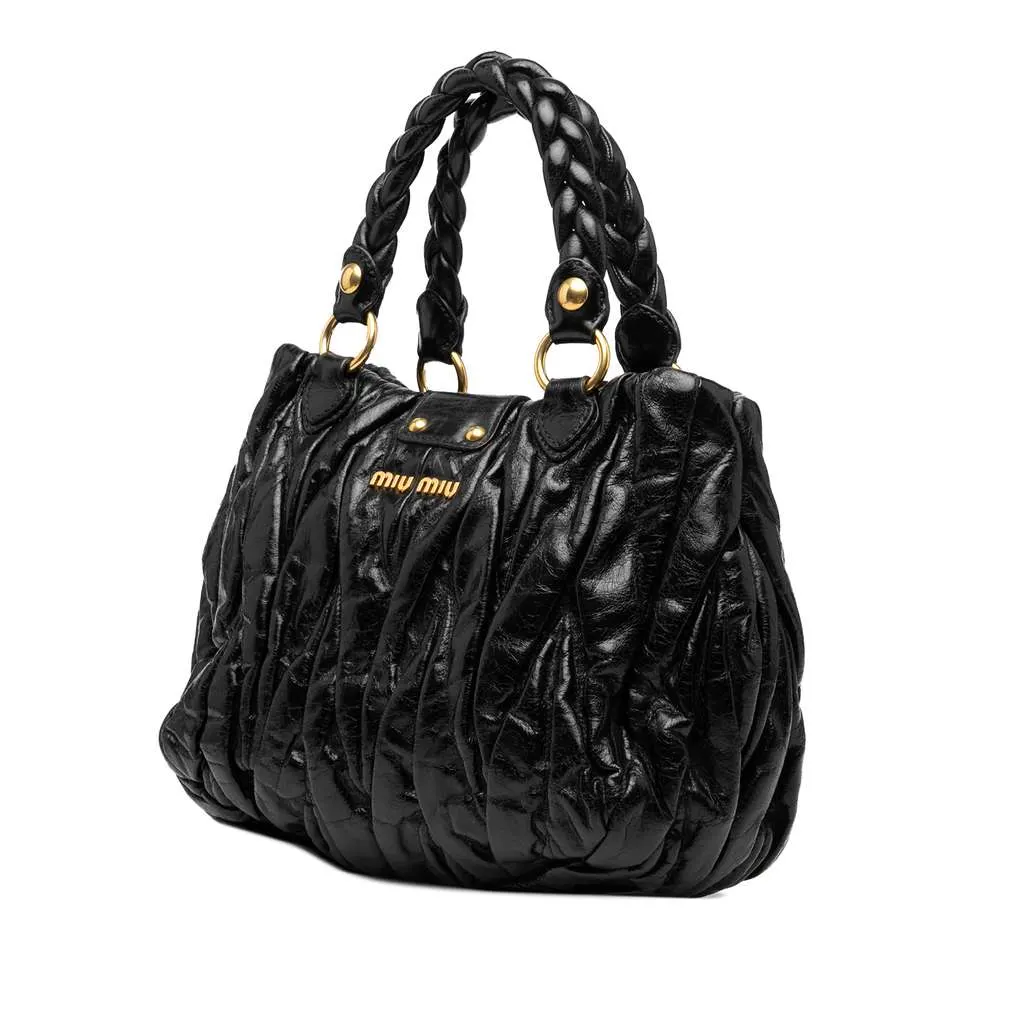 Miu Miu Matelasse Lux Lambskin Bauletto Aperto Satchel Black Leather Good - Back View