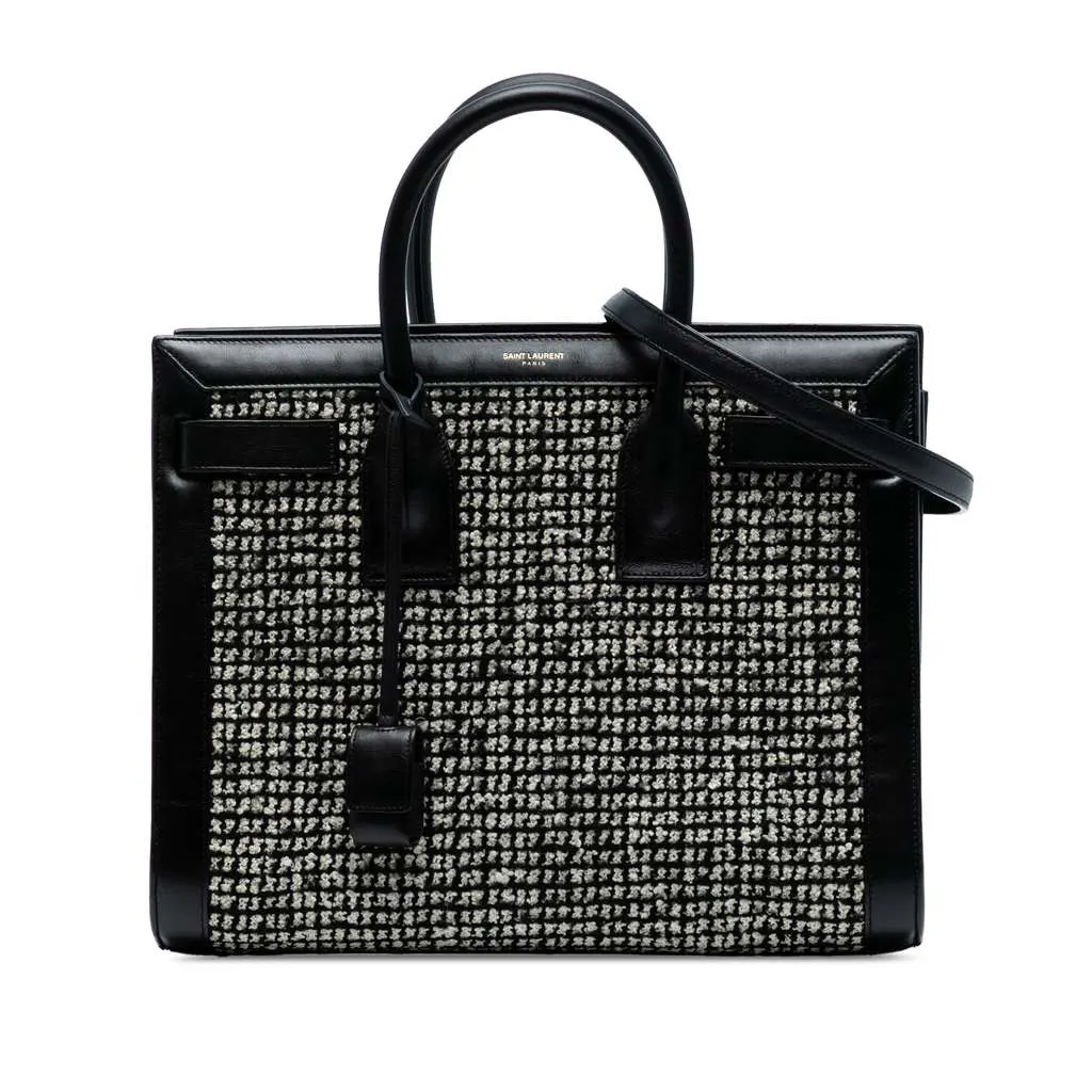Saint Laurent Small Tweed Houndstooth Sac De Jour Satchel Black Tweed Good - Front View