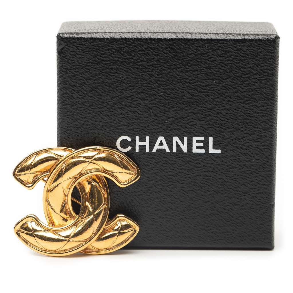 Chanel Gold Plated CC Quilted Brooch - Side view