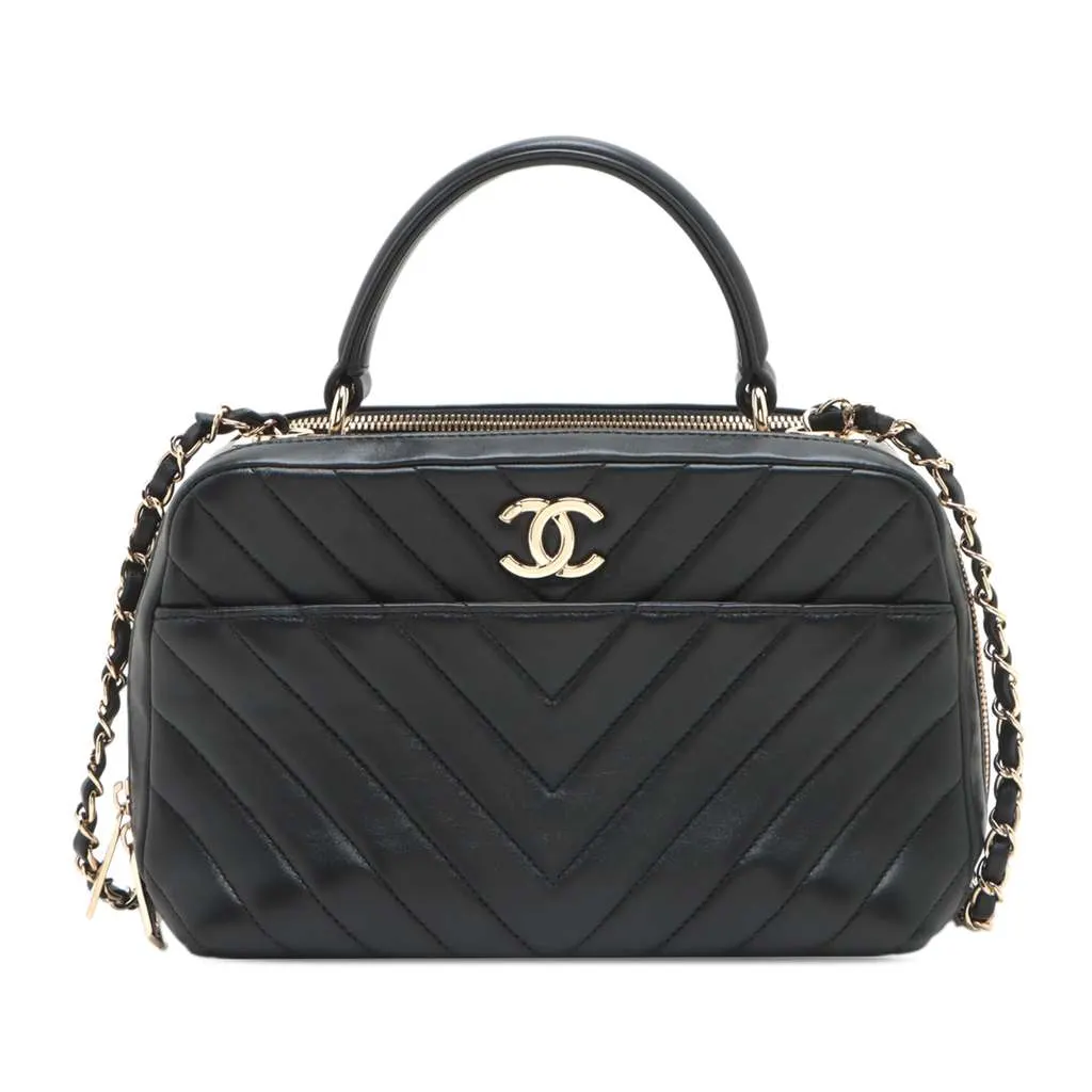 Chanel Medium Chevron Lambskin Trendy CC Bowling Bag Black Leather Good - Front View