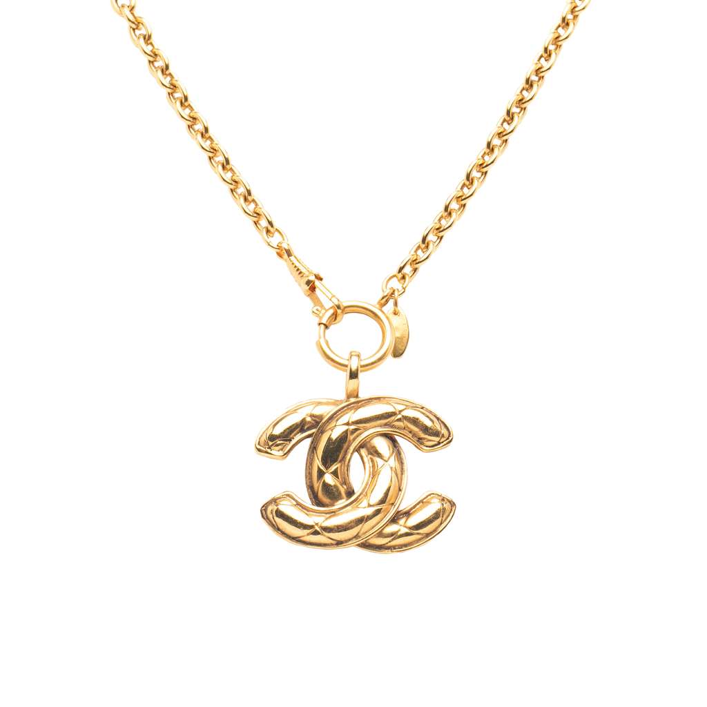 Chanel Gold Plated Quilted CC Pendant Necklace