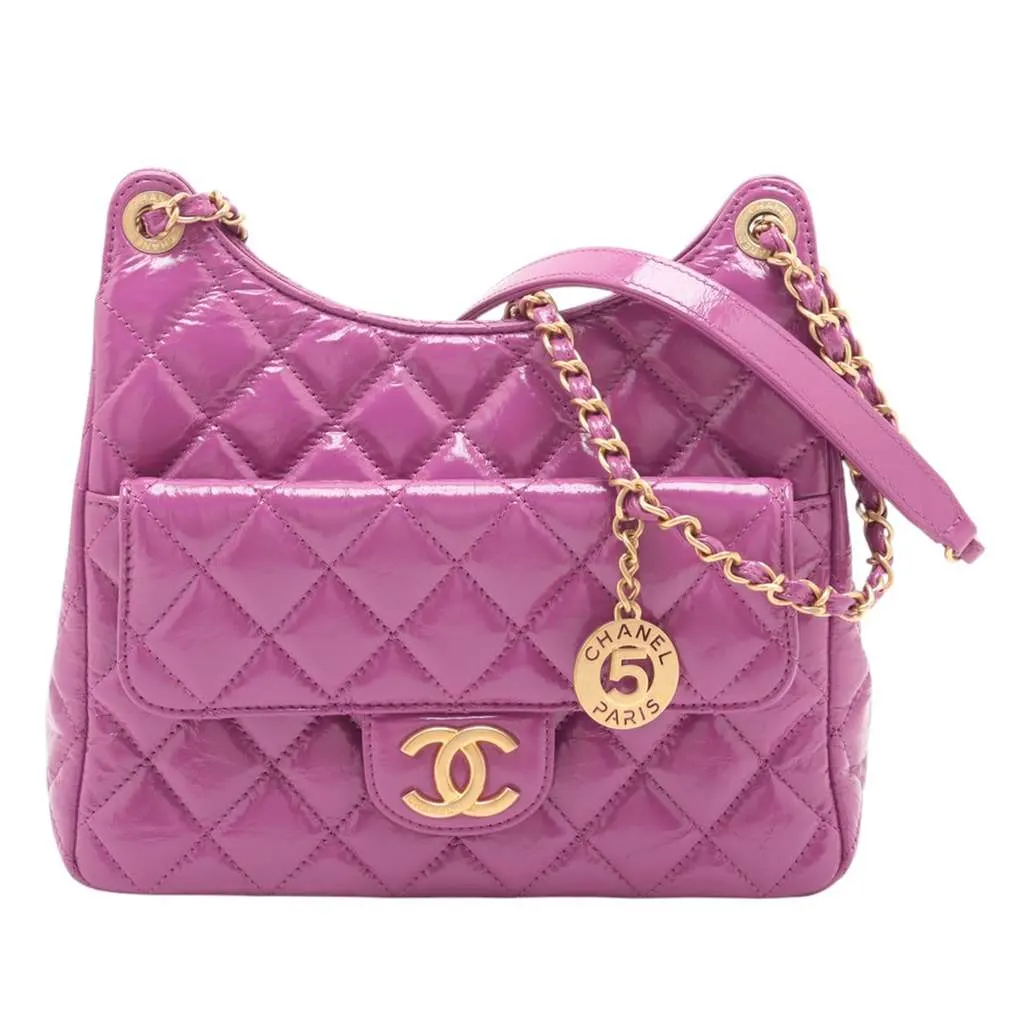 Chanel Medium Shiny Crumpled Calfskin Wavy CC Hobo Purple Leather Very good - Front View