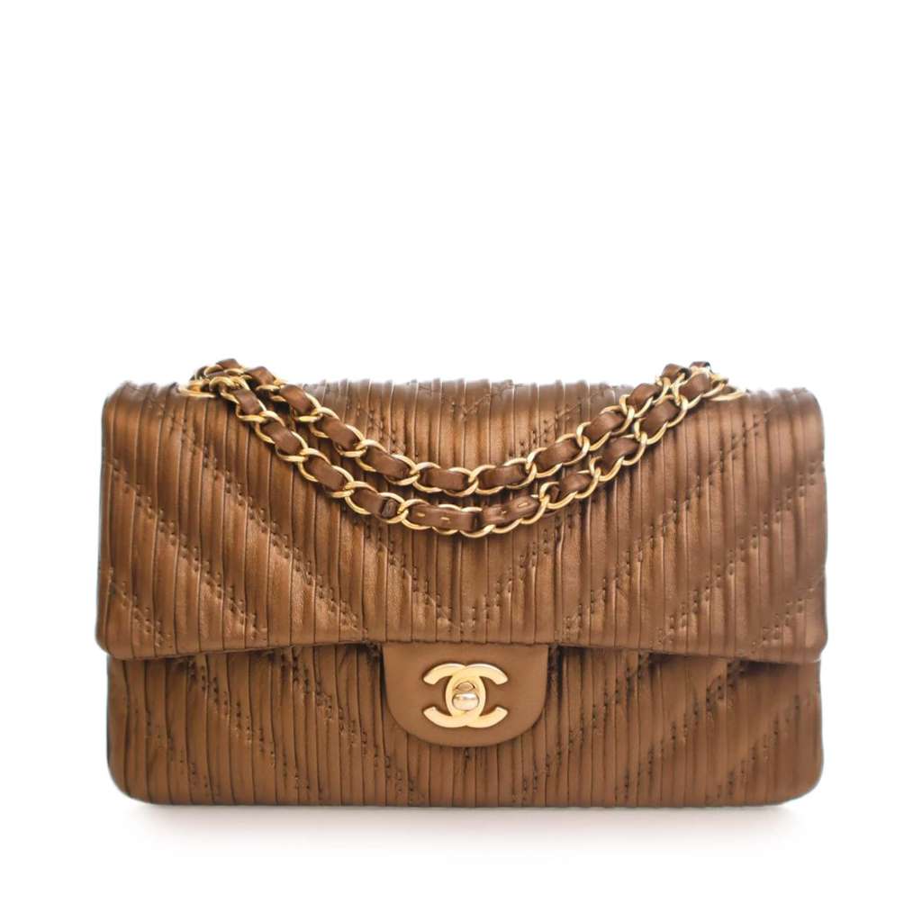 Chanel Medium Classic Chevron Calfskin Pleated Double Flap