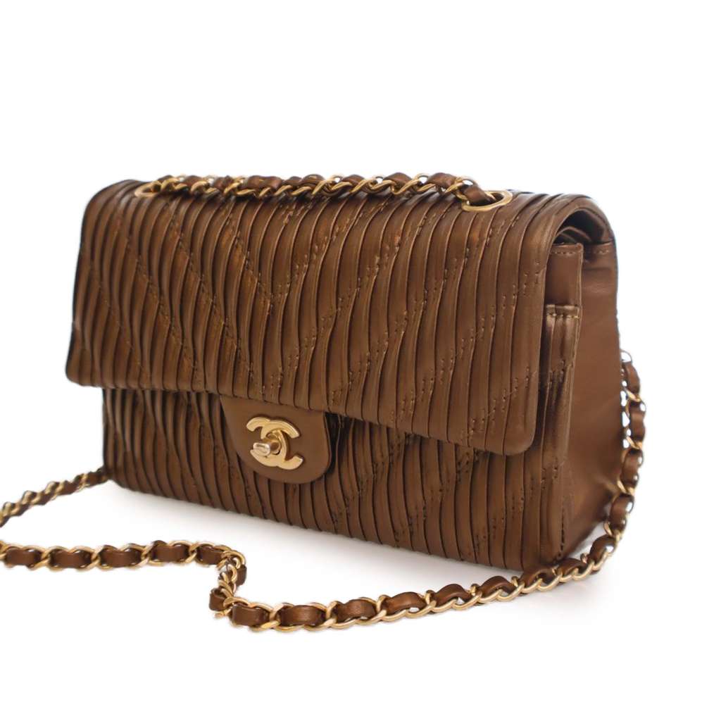 Chanel Medium Classic Chevron Calfskin Pleated Double Flap - Side view