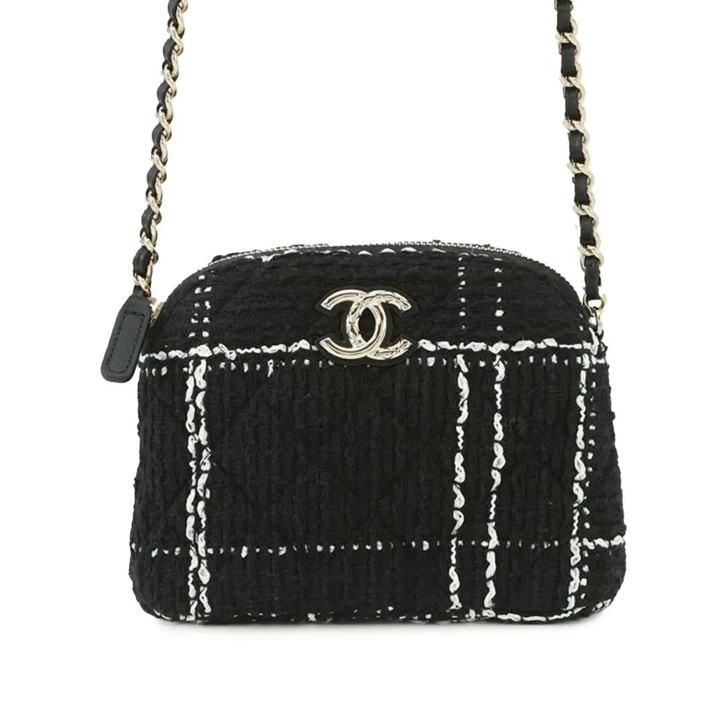 Chanel Mini CC Stitched Tweed VIP Crossbody Black Tweed Good - Front View
