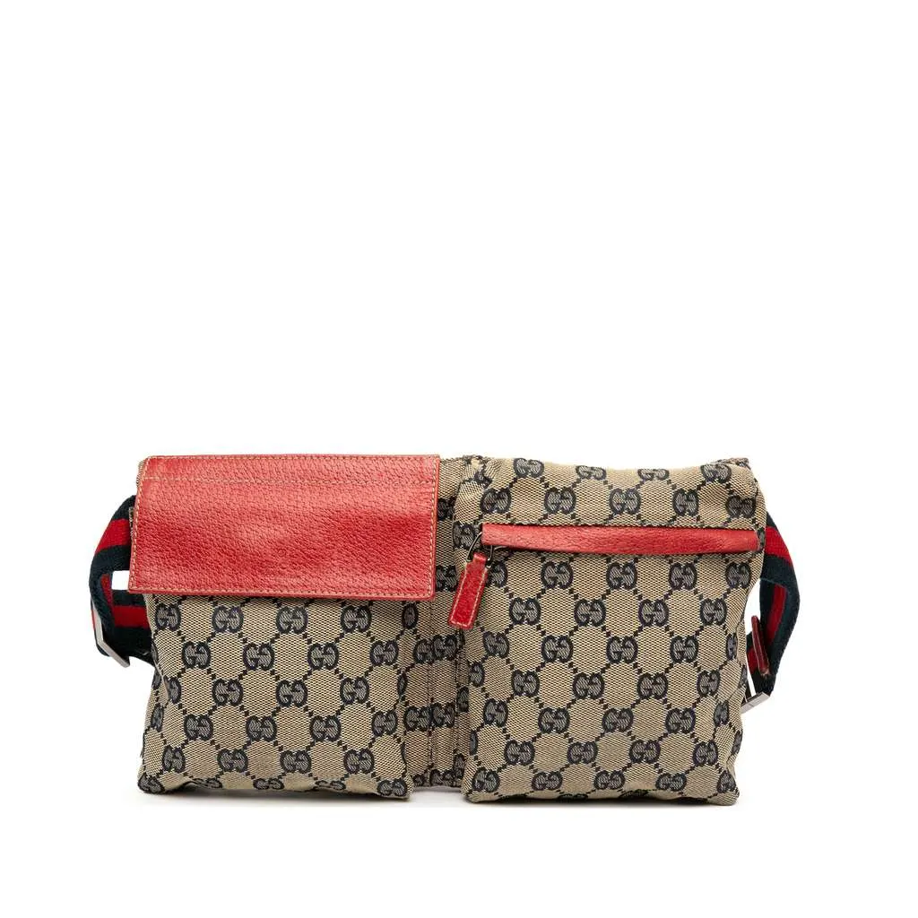 Gucci GG Canvas Web Double Pocket Belt Bag Brown Canvas Very good - Front View