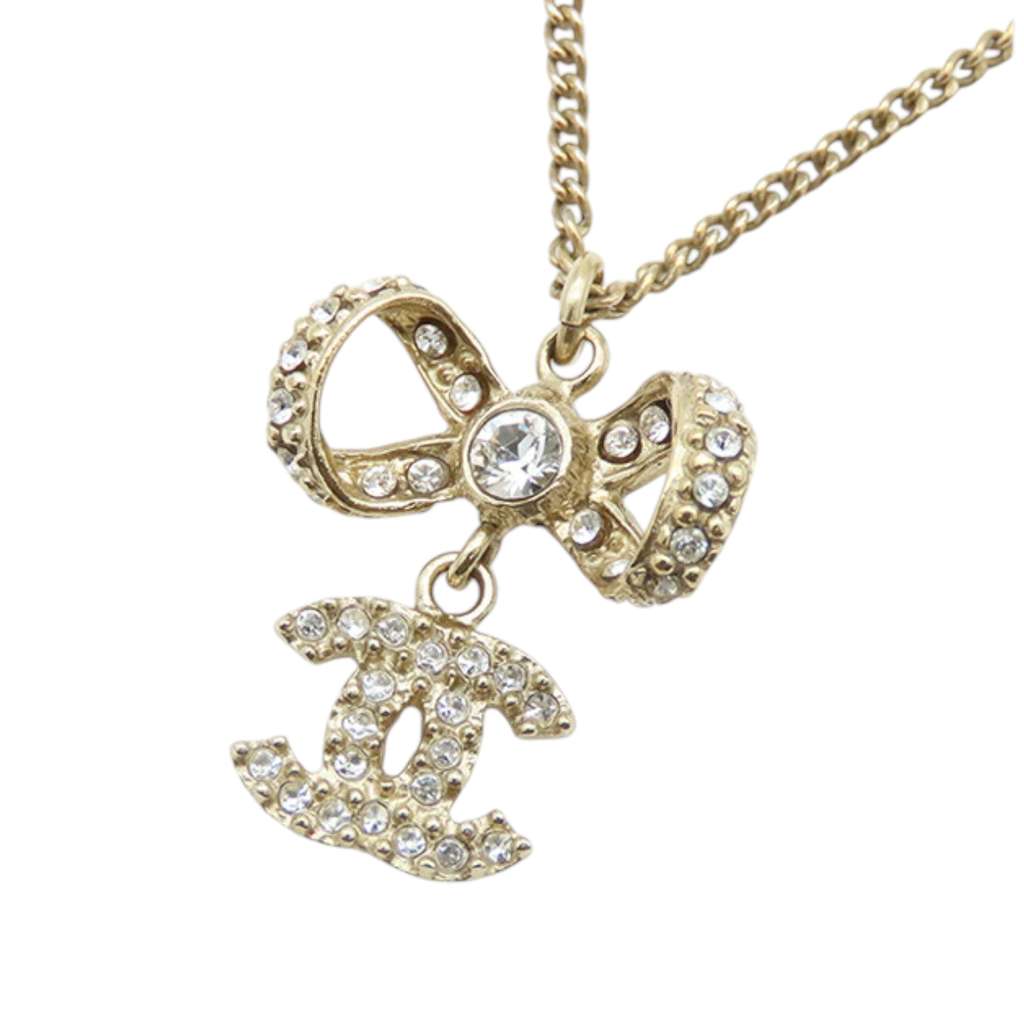 Chanel Gold Plated CC Bow Crystal Pendant Necklace - 2