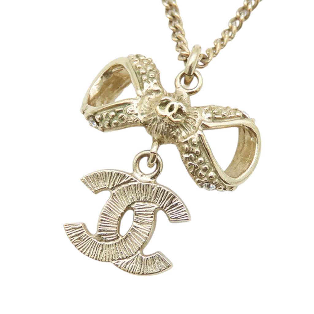 Chanel Gold Plated CC Bow Crystal Pendant Necklace - 3