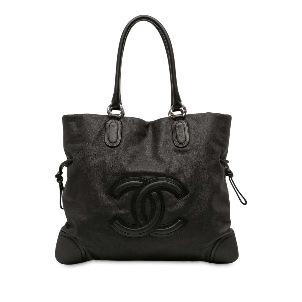Chanel Washed Calfskin CC Cup Drawstring Tote Black Leather Good - Front View