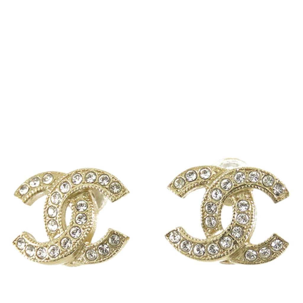 Chanel Gold Plated CC Crystal Push Back Earrings