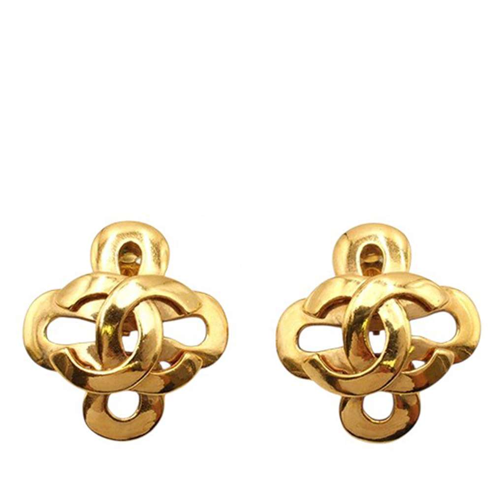 Chanel Gold Plated CC Clover Clip On Earrings