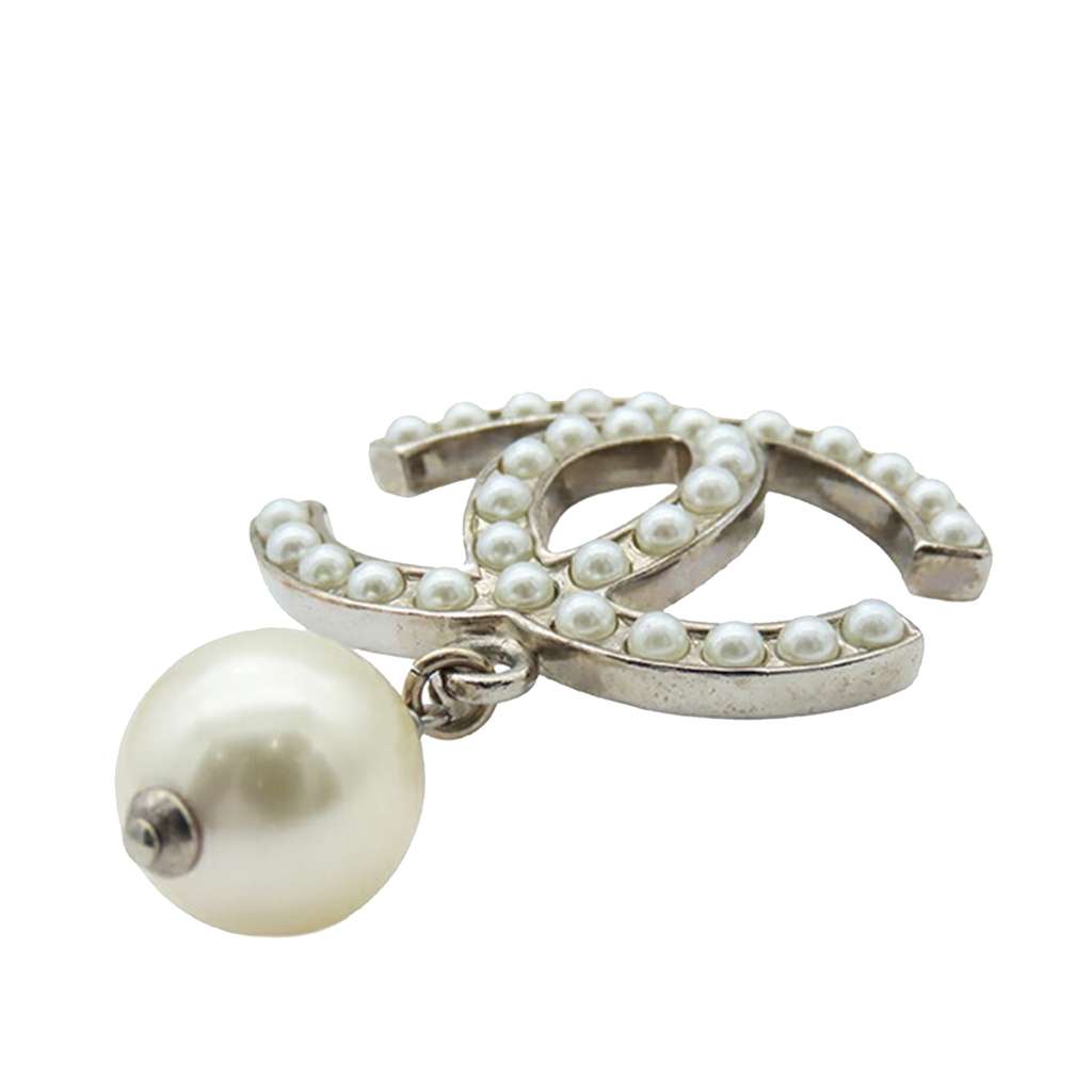 Chanel Silver Plated CC Faux Pearl Brooch