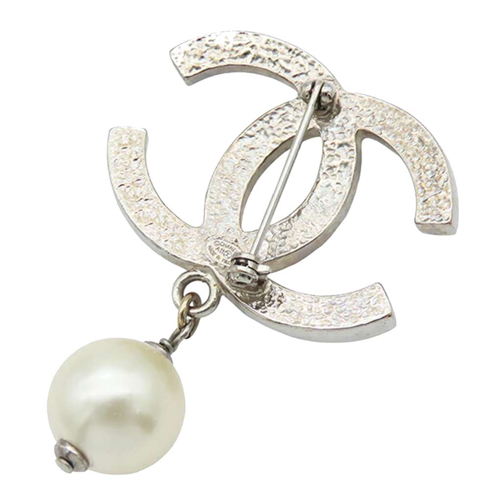 Chanel Silver Plated CC Faux Pearl Brooch - Back view