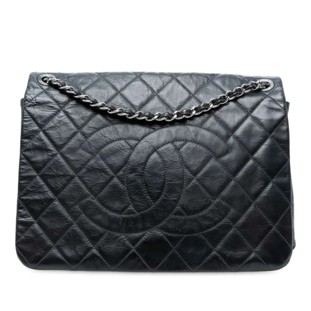 Chanel XL CC Glazed Quilted Calfskin Single Flap Black Leather Good - Front View