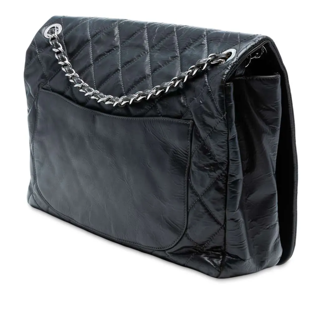 Chanel XL CC Glazed Quilted Calfskin Single Flap Black Leather Good - Back View