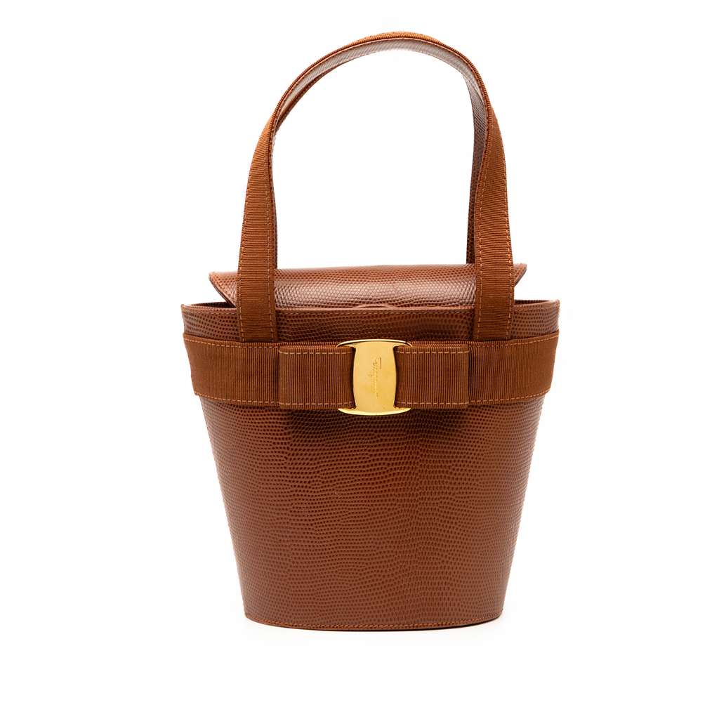 Salvatore Ferragamo Lizard Embossed Leather Vara Bow Top Handle Bucket Bag