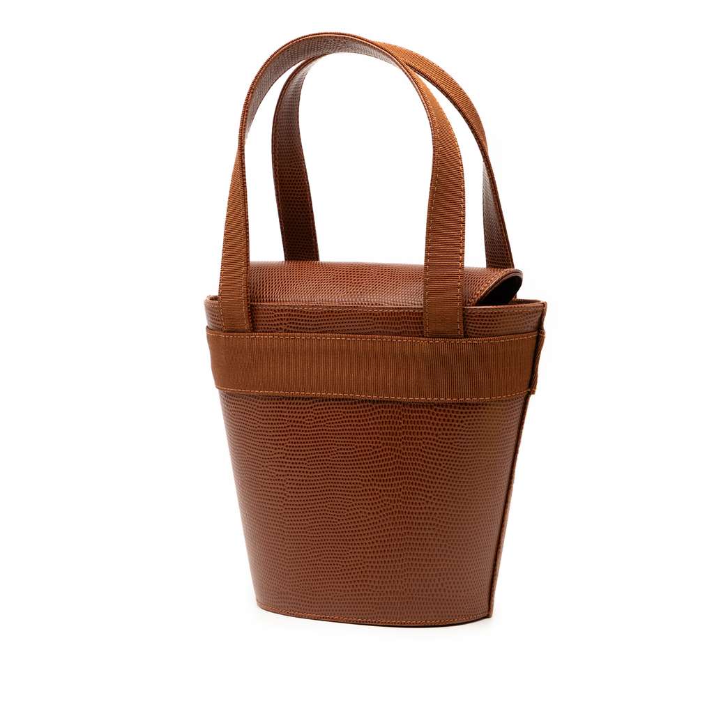 Salvatore Ferragamo Lizard Embossed Leather Vara Bow Top Handle Bucket Bag - Back view