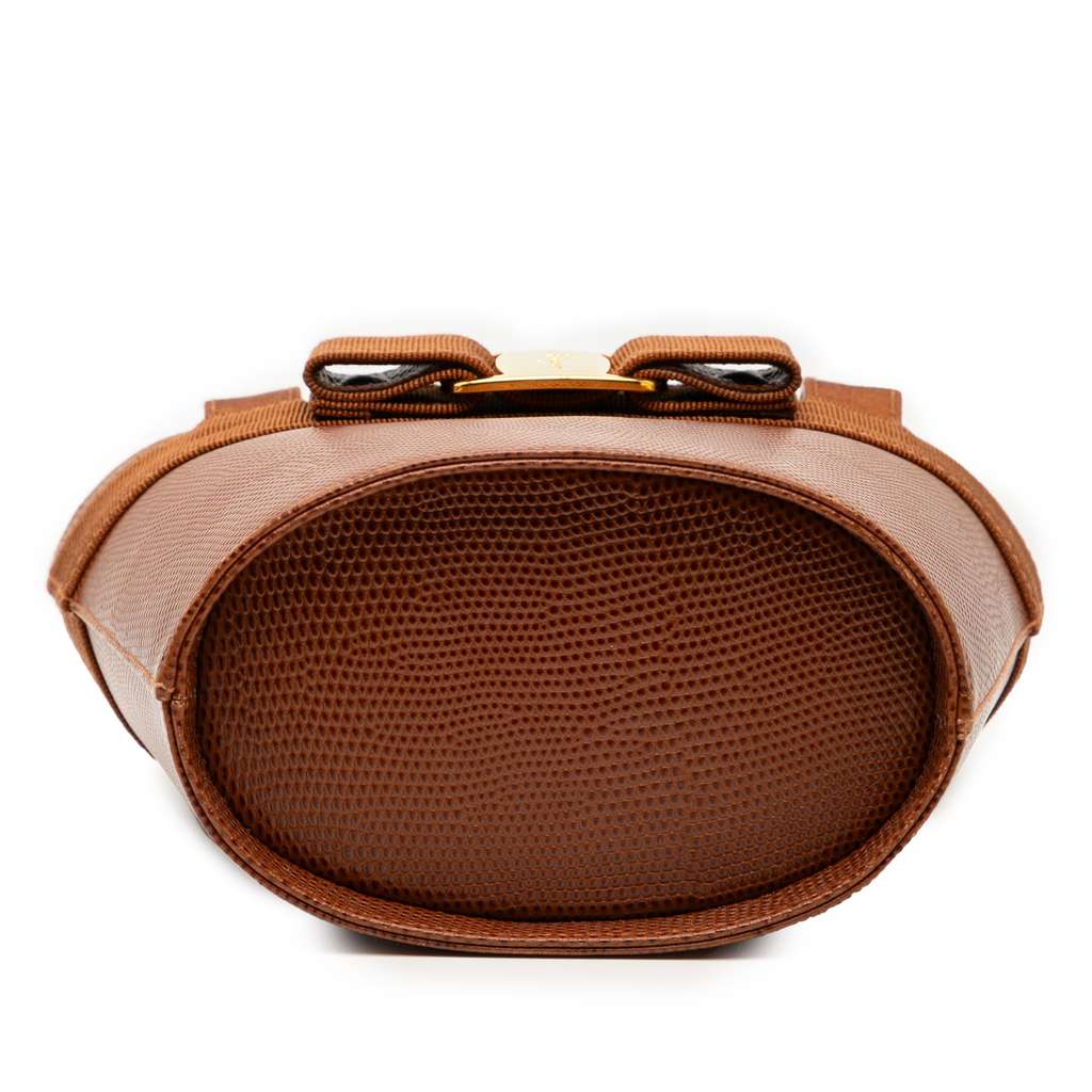 Salvatore Ferragamo Lizard Embossed Leather Vara Bow Top Handle Bucket Bag - Image 6