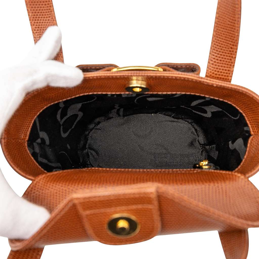 Salvatore Ferragamo Lizard Embossed Leather Vara Bow Top Handle Bucket Bag - 4