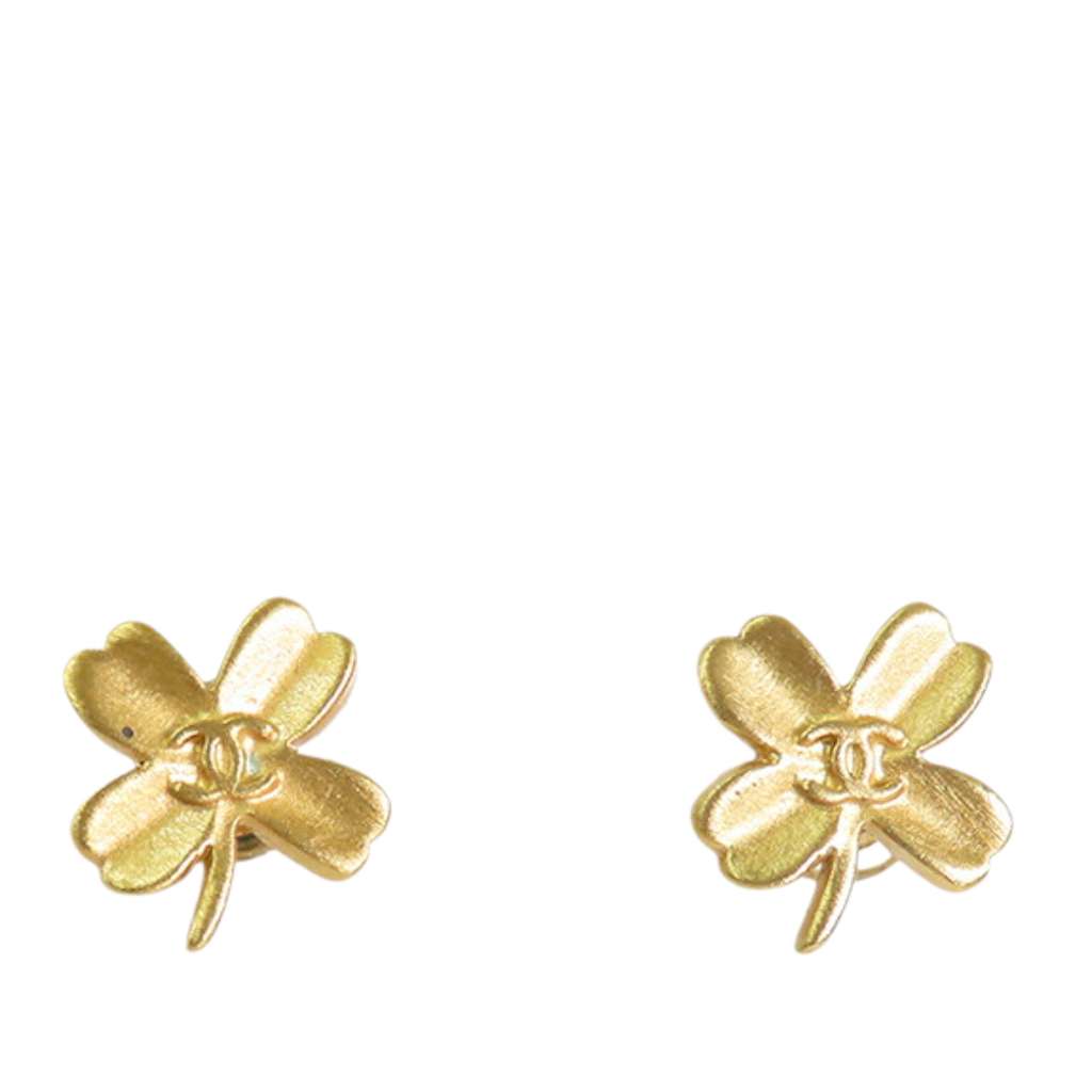 Chanel Gold Plated CC Clover Push Back Earrings