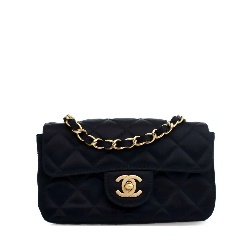 Chanel Extra Mini Rectangular Classic Satin Single Flap Black Satin Good - Front View