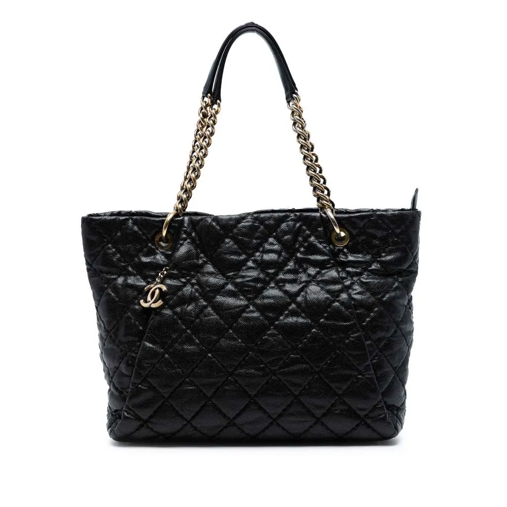 Chanel Large CC Quilted Glazed Caviar Coco Pleats Tote Black Leather Good - Front View