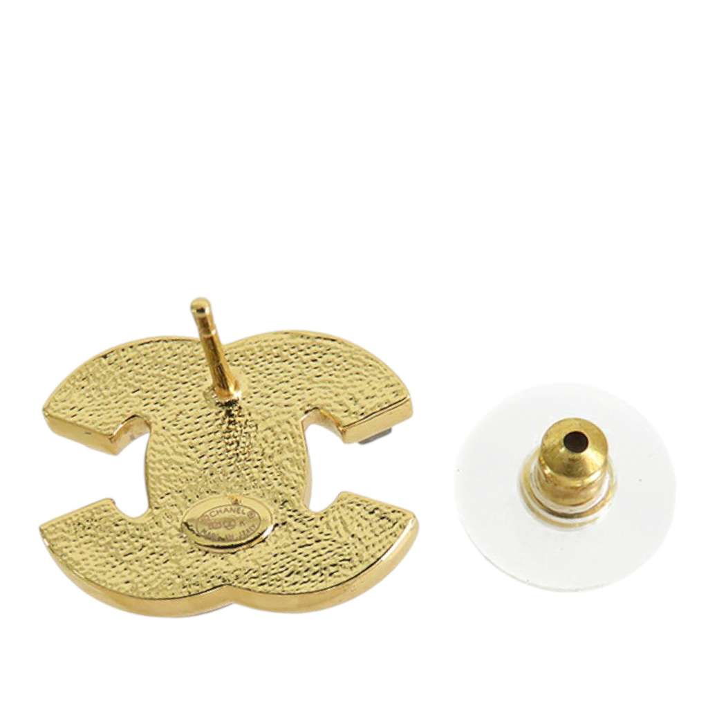 Chanel Gold Plated Enamel CC Push Back Earrings - Side view