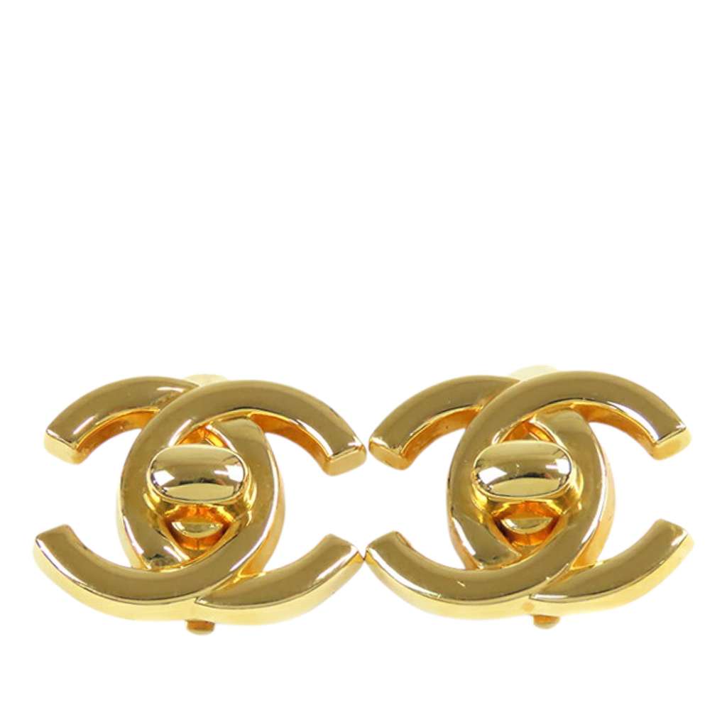 Chanel Gold Plated CC Turn Lock Clip on Earrings
