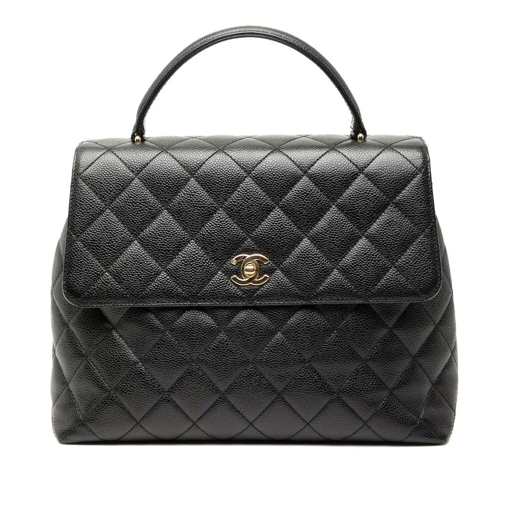 Chanel CC Quilted Caviar Kelly Top Handle Bag Black Leather Good - Front View