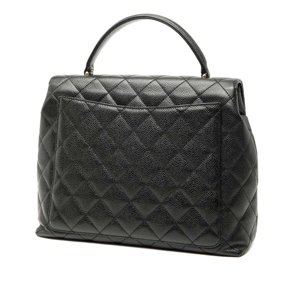 Chanel CC Quilted Caviar Kelly Top Handle Bag Black Leather Good - Back View
