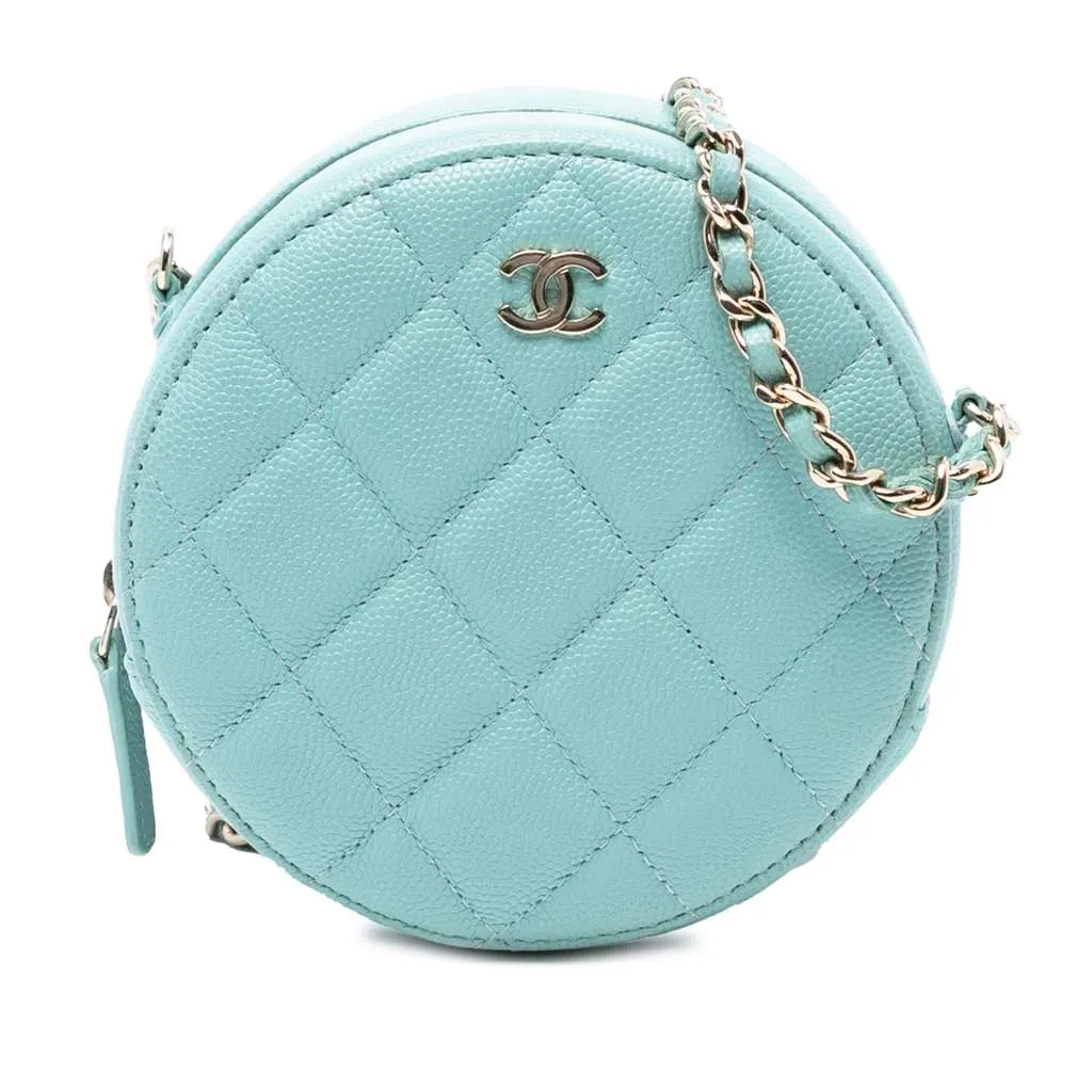 Chanel CC Quilted Caviar Round Clutch With Chain Blue Leather Good - Front View