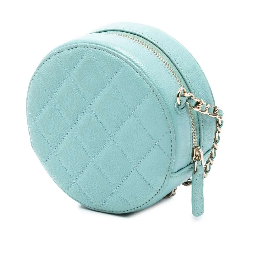 Chanel CC Quilted Caviar Round Clutch With Chain Blue Leather Good - Back View
