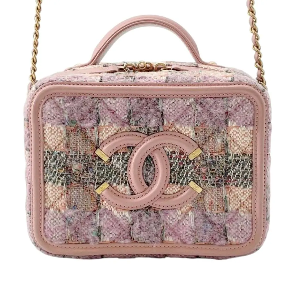 Chanel Small Tweed CC Filigree Vanity Case Pink Tweed Good - Front View