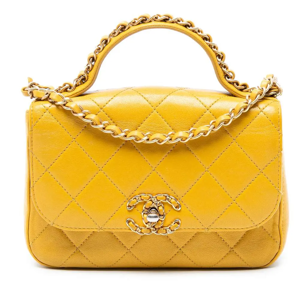 Chanel Small Quilted Lambskin Chain Infinity Top Handle Bag Yellow Leather Very good - Front View