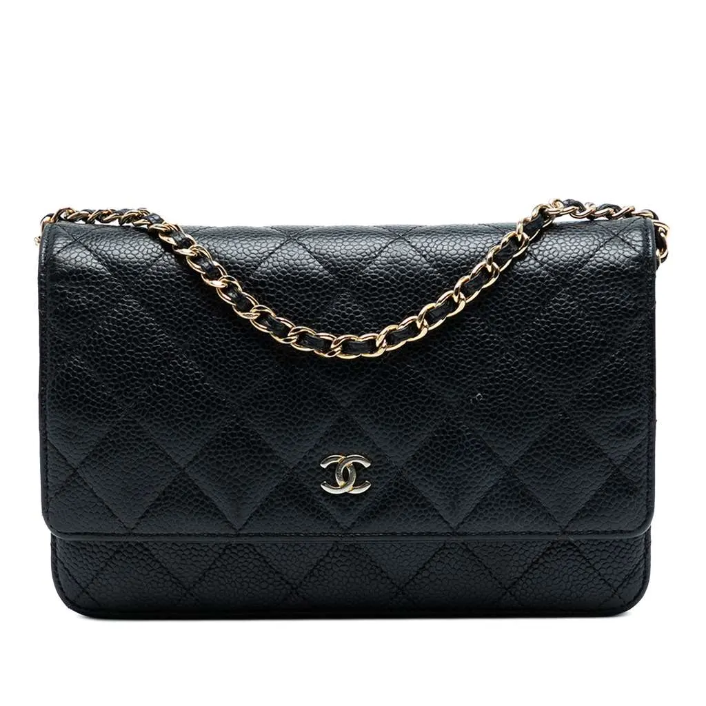 Chanel CC Quilted Caviar Wallet on Chain Black Leather Good - Front View