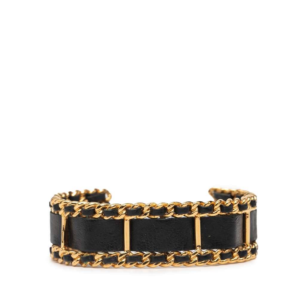 Chanel Gold Plated Leather Woven Chain Cuff Bracelet