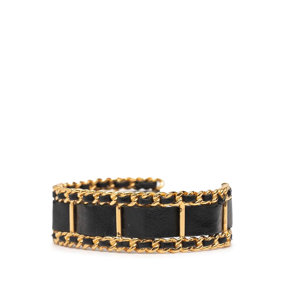 Chanel Gold Plated Leather Woven Chain Cuff Bracelet - Back view