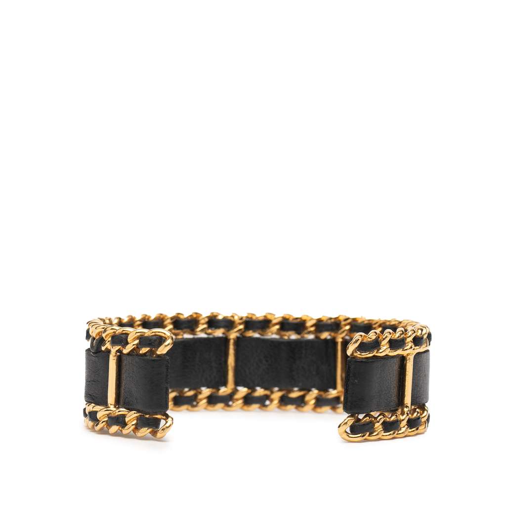 Chanel Gold Plated Leather Woven Chain Cuff Bracelet - Image 6