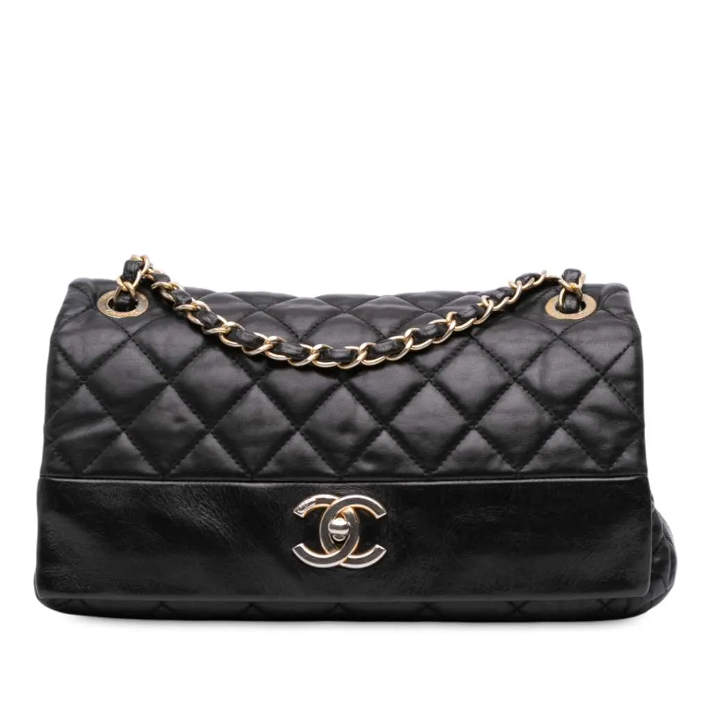 Chanel Medium Quilted Calfskin Soft Elegance Flap Black Leather Good - Front View
