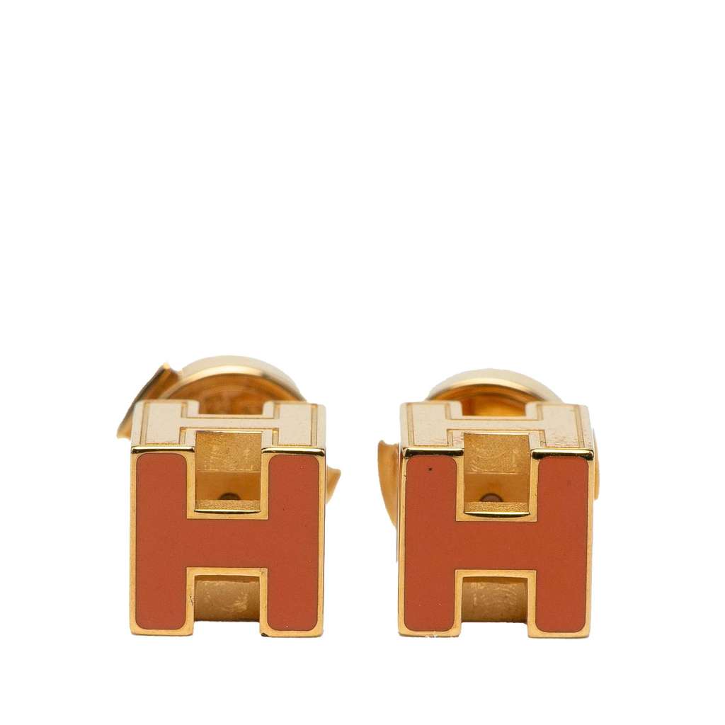 Hermès Gold Plated Enamel Cage dH Push Back Earrings
