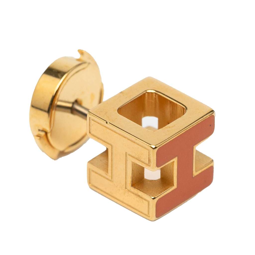 Hermès Gold Plated Enamel Cage dH Push Back Earrings - Back view